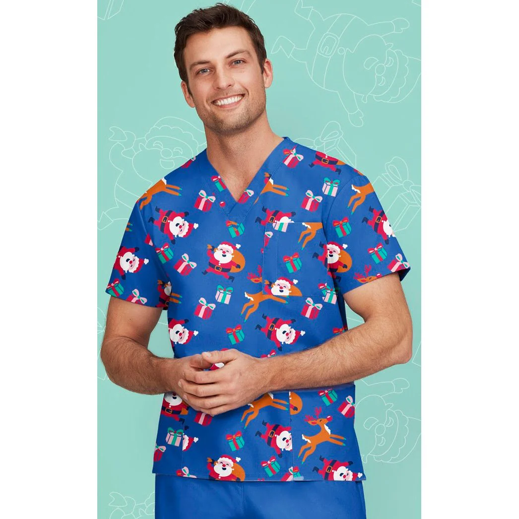 Biz Care Mens Christmas V-Neck Short Sleeve Scrub Top (CST346MS) - Image 2