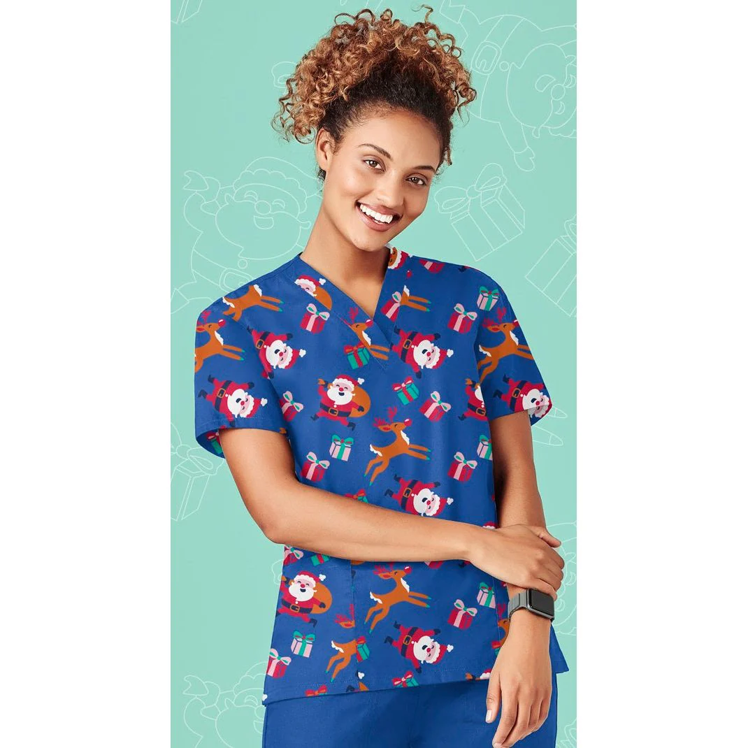 Biz Care Womens Christmas V-Neck Short Sleeve Scrub Top (CST346LS) - Image 2