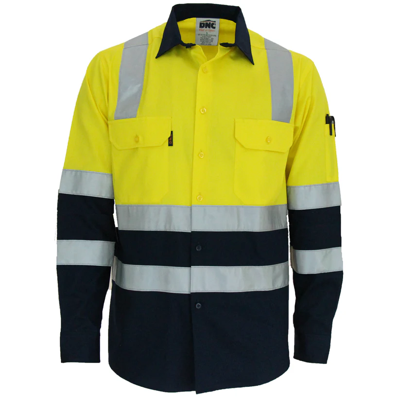DNC Hi Vis 2 Tone Light Weight Cotton Bio-Motion "X" Back Shirt with Reflective Tape Long Sleeve (3547)