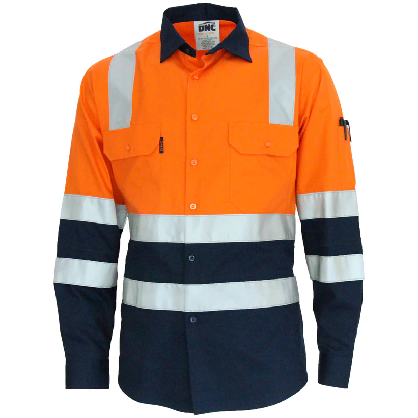 DNC Hi Vis 2 Tone Light Weight Cotton Bio-Motion "X" Back Shirt with Reflective Tape Long Sleeve (3547) - Image 2