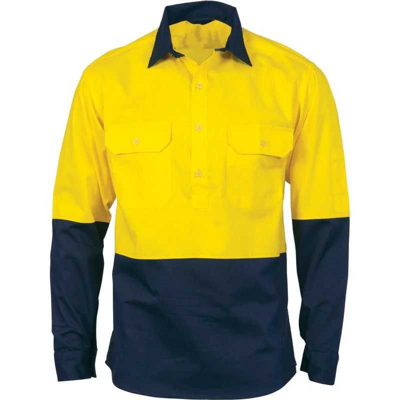 DNC Hi Vis Close Front Cotton Drill Shirt Long Sleeve With Gusset Sleeve (3834)