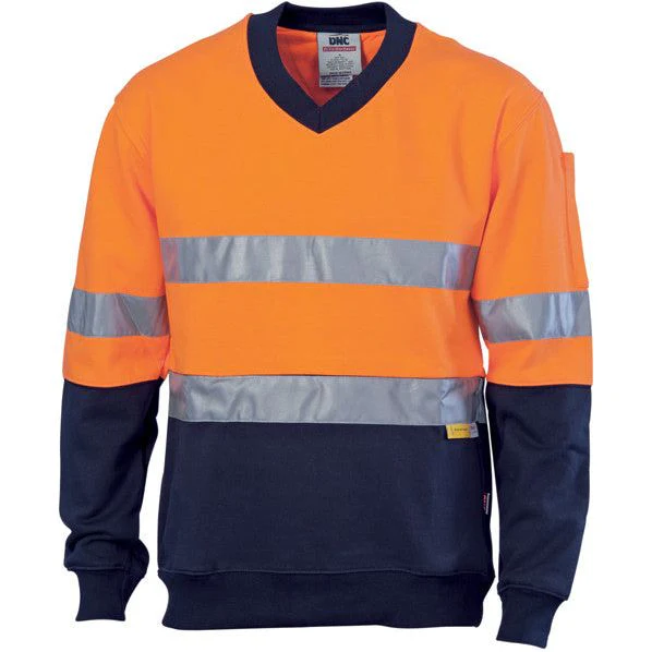 DNC Hi Vis Cotton Fleecy V-Neck Sweat Shirt with 3M Reflective Tape (3924) - Image 2