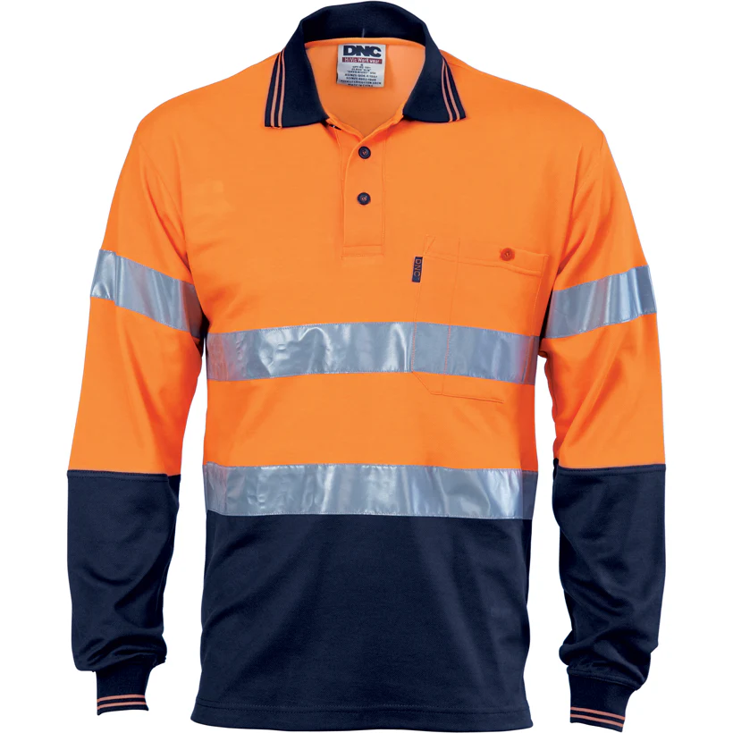 DNC Hi Vis Two Tone Cotton Back Polos with Reflective Tape Long Sleeve (3718)