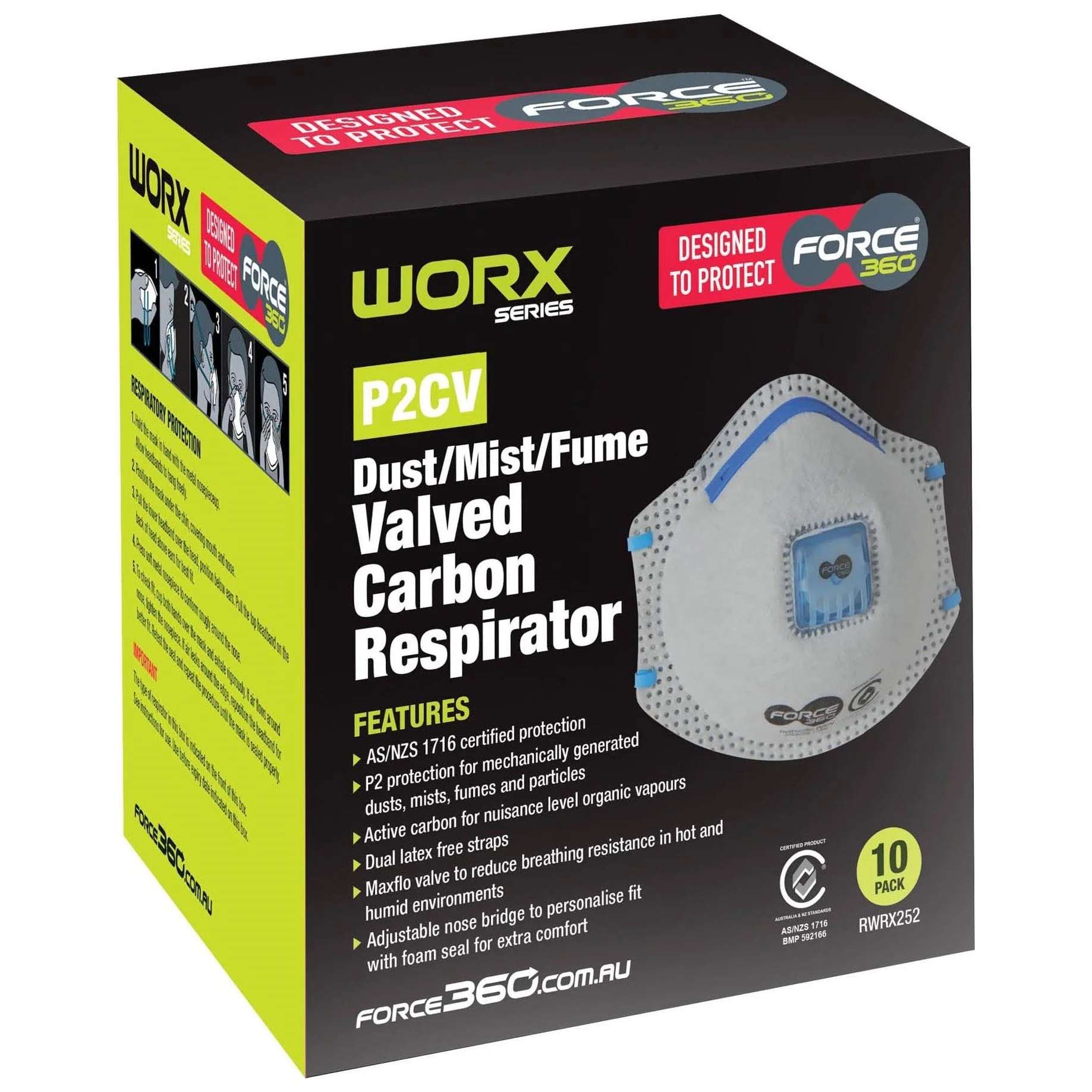 Force 360 Active Carbon Disposable Respirator (Carton of 24 Boxes - 10Pcs/Box) (RWRX252) - Image 2