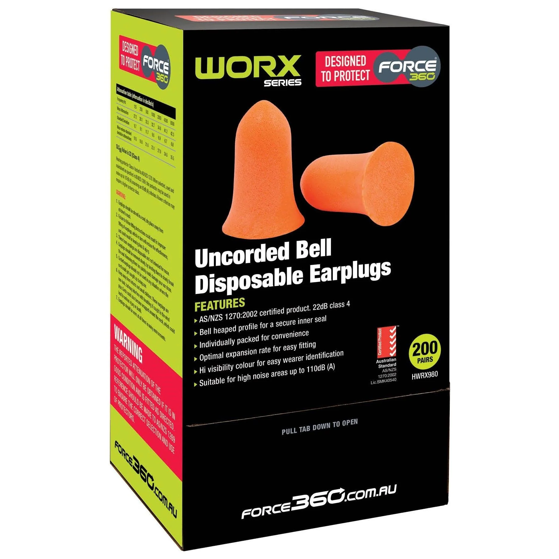 Force 360 Bell Shaped Uncorded Disposable Earplug Class 4, 22dB (Box of 200) (HWRX980) - Image 2
