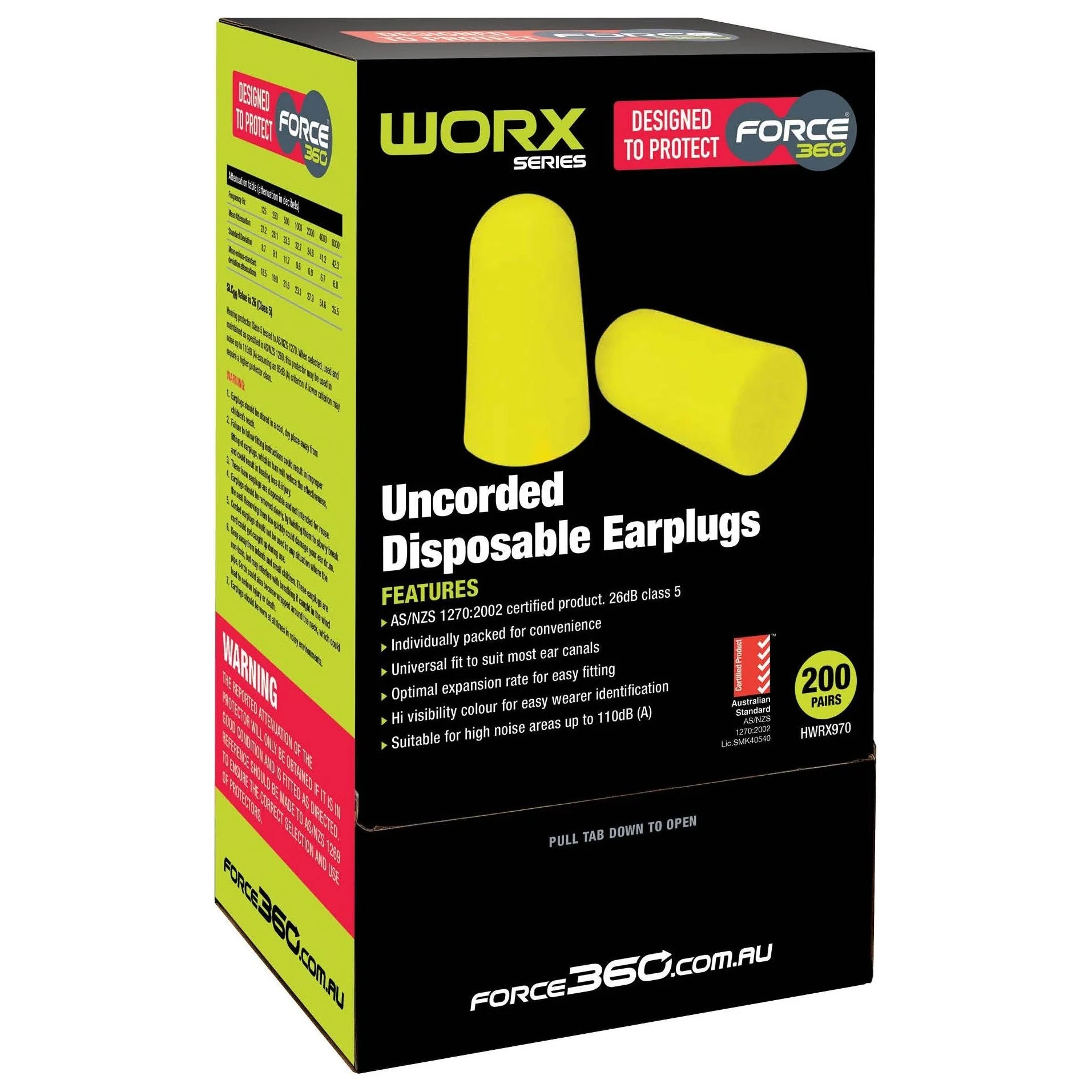 Force 360 Bulllet Shaped Uncorded Disposable Earplug Class 5, 27 dB (Box of 200) (HWRX970) - Image 2