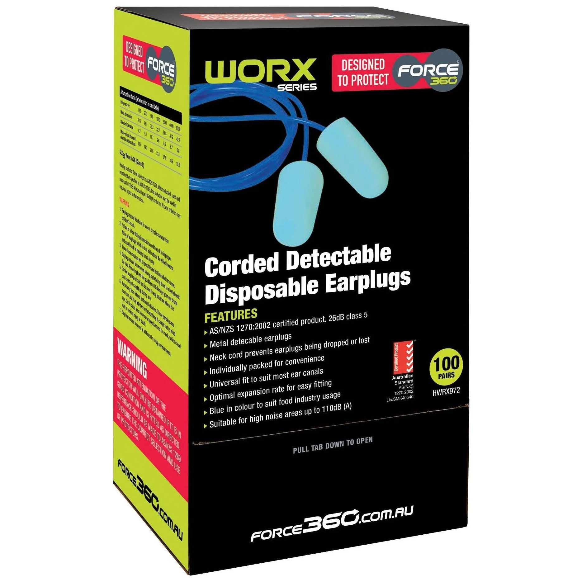 Force 360 FoodSafe Metal Detectable Corded Disposable Earplug Class 5, 26dB (Box of 100) (HWRX972 - Image 2
