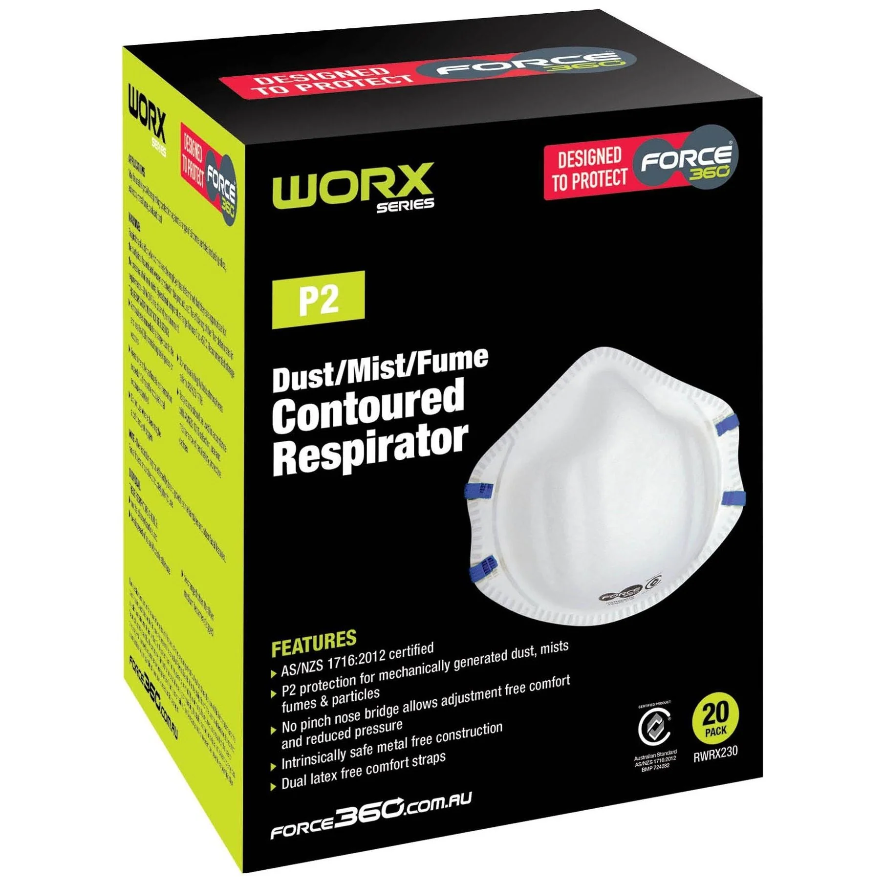 Force 360 P2 Contoured Disposable Respirator (Carton of 20 Boxes - 20Pcs/Box) (RWRX230) - Image 2