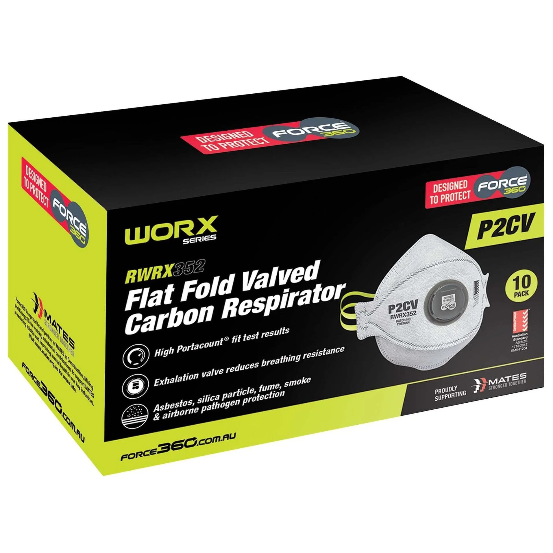 Force 360 P2V Flat Fold Carbon Valved Disposable Respirator (Carton of 20 Boxes - 10Pcs/Box) (RWRX352) - Image 2