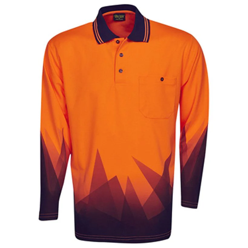 Hi Vis Polo Shirt Long Sleeve Triangular Design Sublimation Printed - Non Cuff (P68)