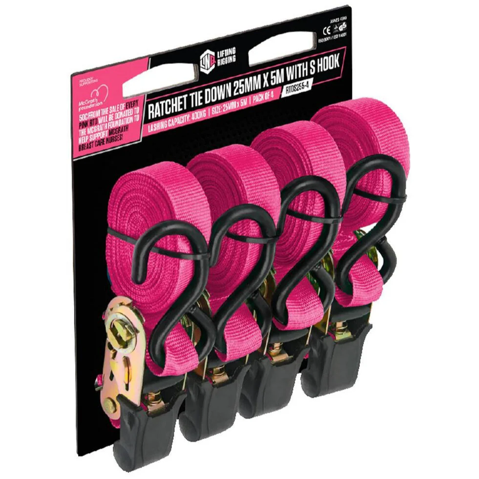 LINQ Pink Ratchet Tiedown 25Mm X 5M With S Hook - 4 Pack (RTDS255-4)