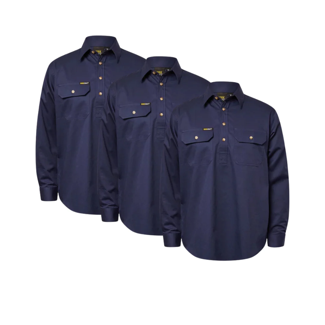 Tradies Value Pack - 3x Workcraft Lightweight Long Sleeve Half Placket Cotton Drill Shirt With Contrast Buttons (WS3029) - Image 5