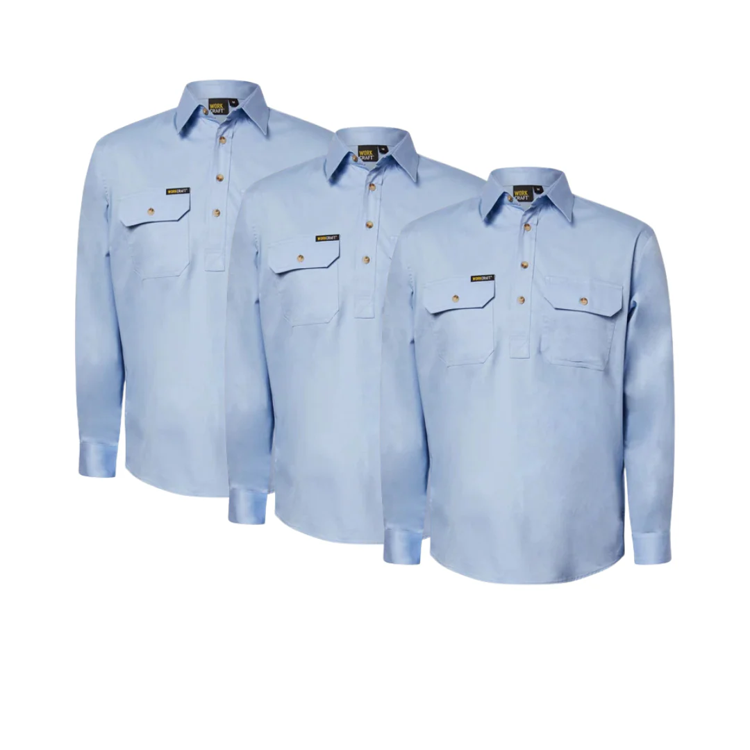 Tradies Value Pack - 3x Workcraft Lightweight Long Sleeve Half Placket Cotton Drill Shirt With Contrast Buttons (WS3029) - Image 6