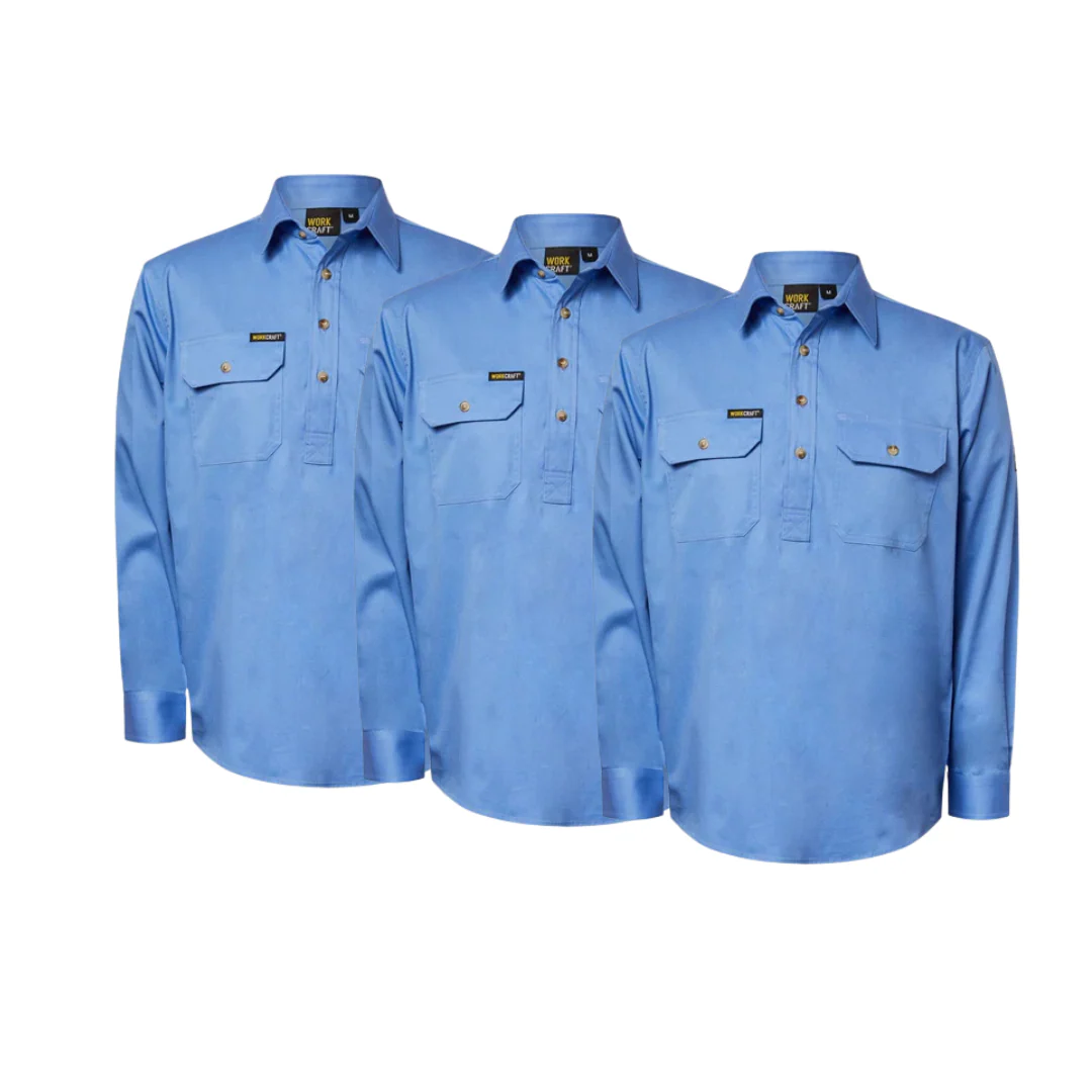 Tradies Value Pack - 3x Workcraft Lightweight Long Sleeve Half Placket Cotton Drill Shirt With Contrast Buttons (WS3029) - Image 7