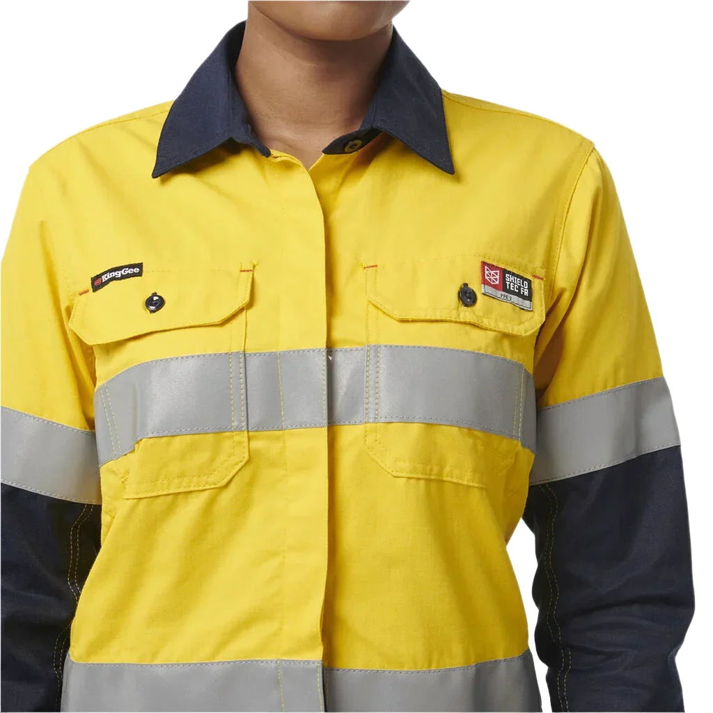 KingGee Women's ShieldTec FR Hi Vis 2Tone Open Front Taped Shirt (Y04050) - Image 3