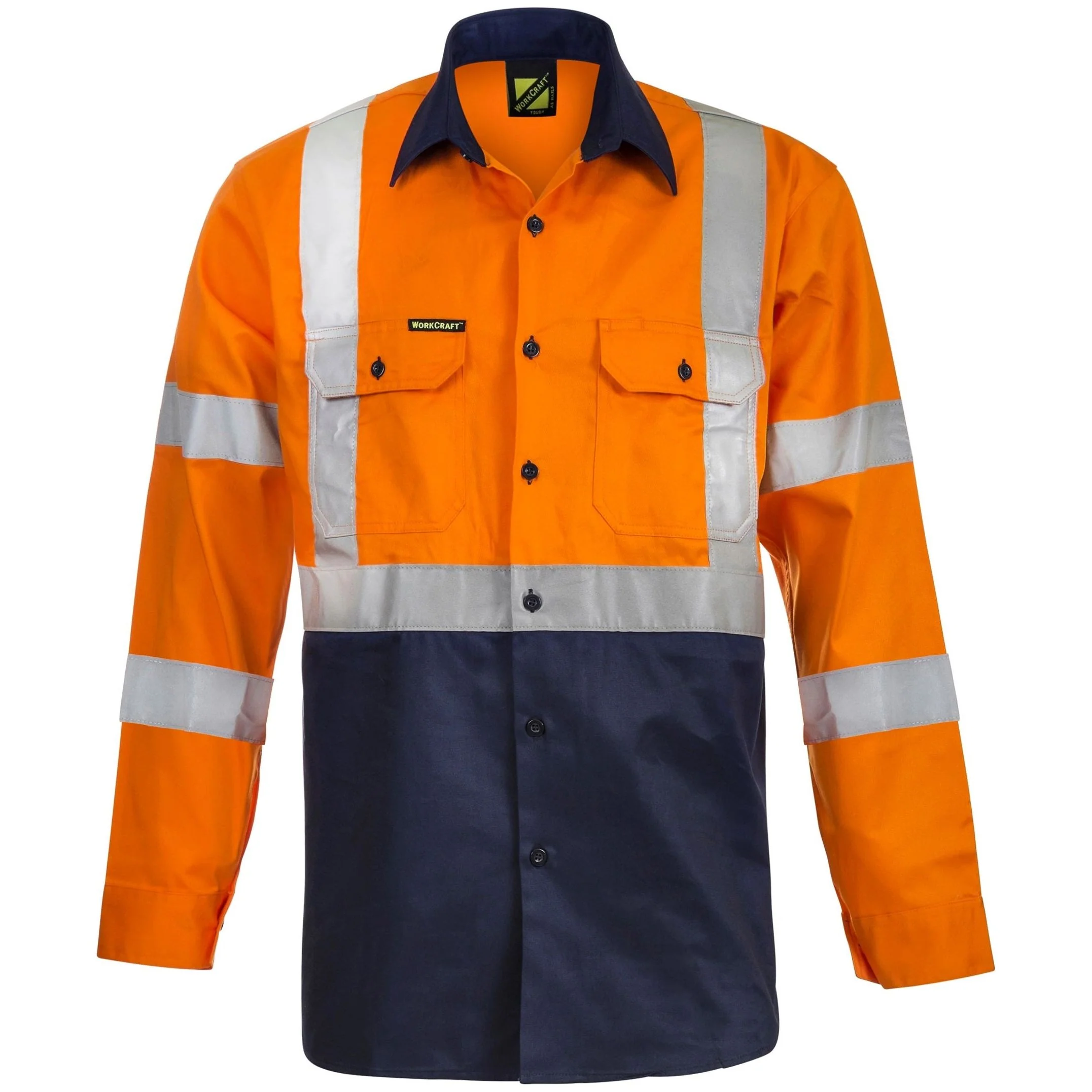 Workcraft Hi Vis Two Tone Front Long Sleeve Cotton Drrill Shirt With X Pattern CSR Reflective Tape (WS6020)